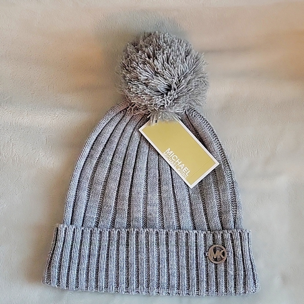 MK Ribbed Grey Beanie with Pom Pom